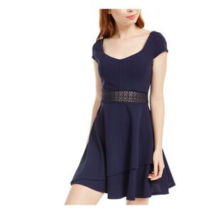 CRYSTAL DOLLS Womens Navy Layered Short Sleeve Short Fit + Flare Dress 7